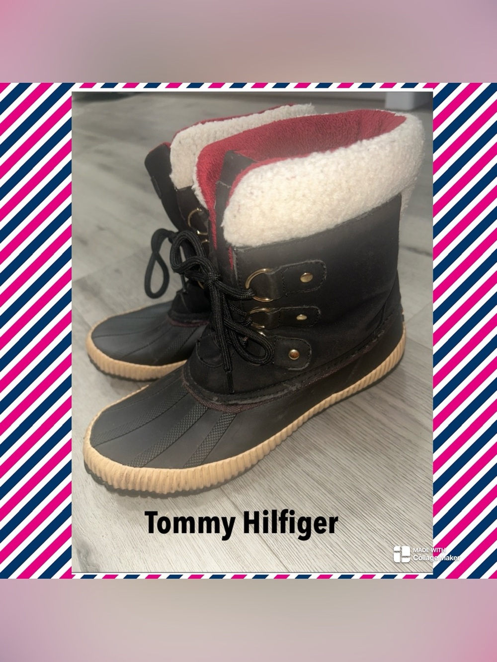 Tommy Hilfiger Women’s Black Duck Boots with Red Sherpa Lining size 8